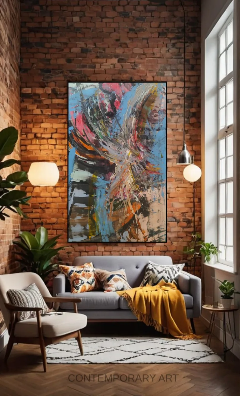 Obra Amelie e o Palhaço Saltitante em ambiente, com composição abstrata vibrante.