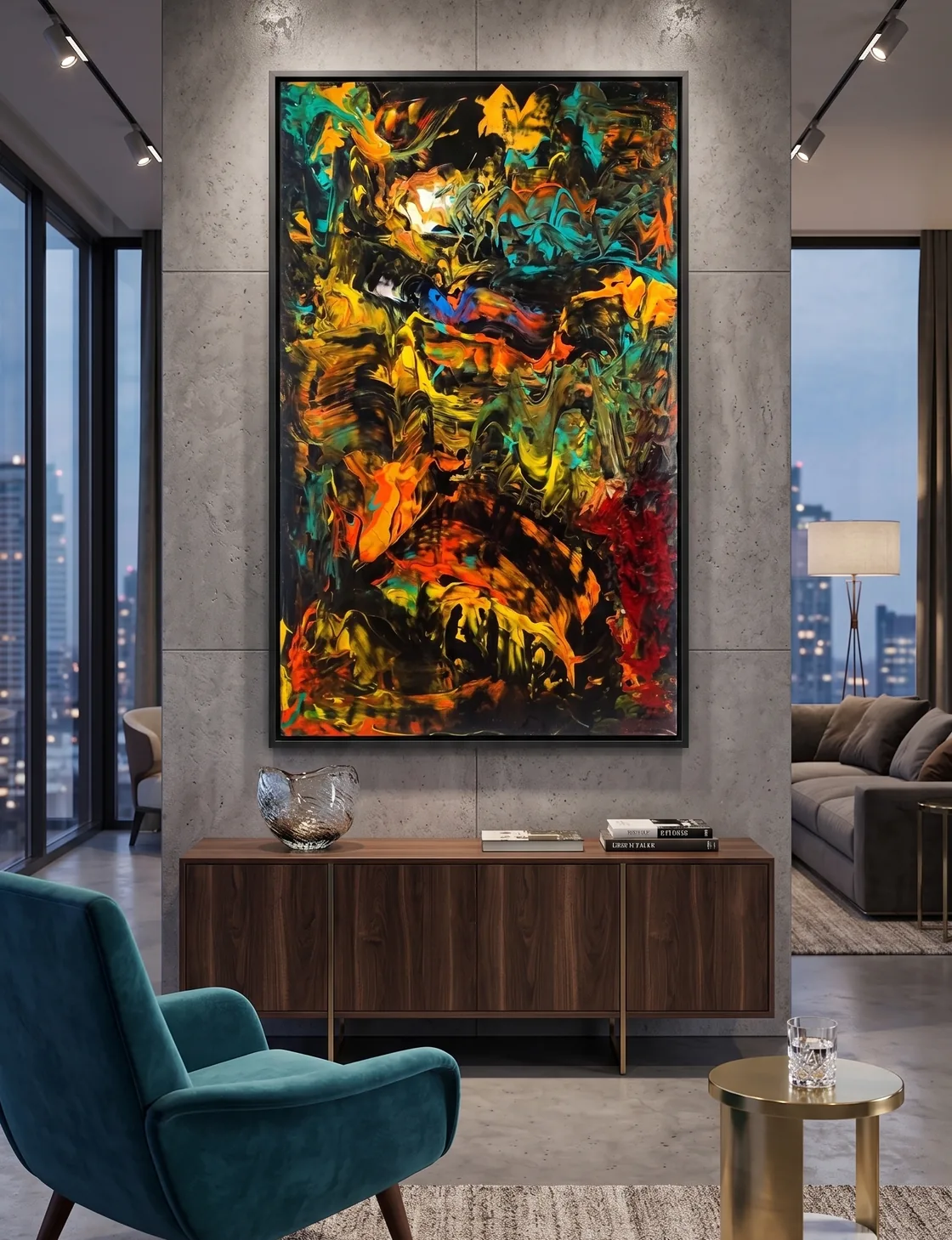 Caverna de Platão, pintura abstrata contemporânea em ambiente de interiores.
