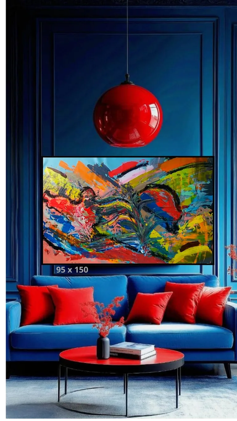 Entardecer Dramático, pintura abstrata com vermelho, azul, amarelo e atmosfera poética.