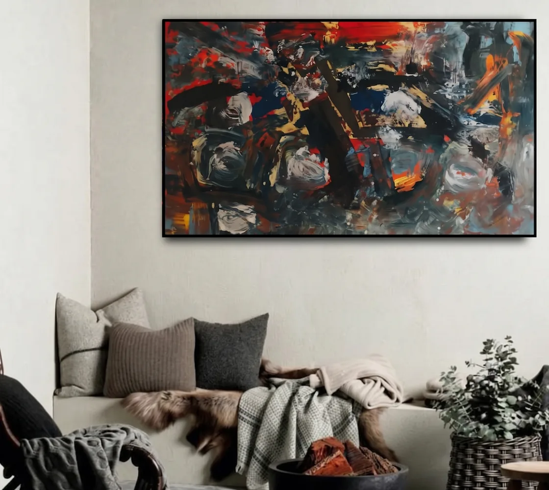 Guernica por Minha Subjetividade, obra abstrata de Chyara Feer em ambiente com sofá.