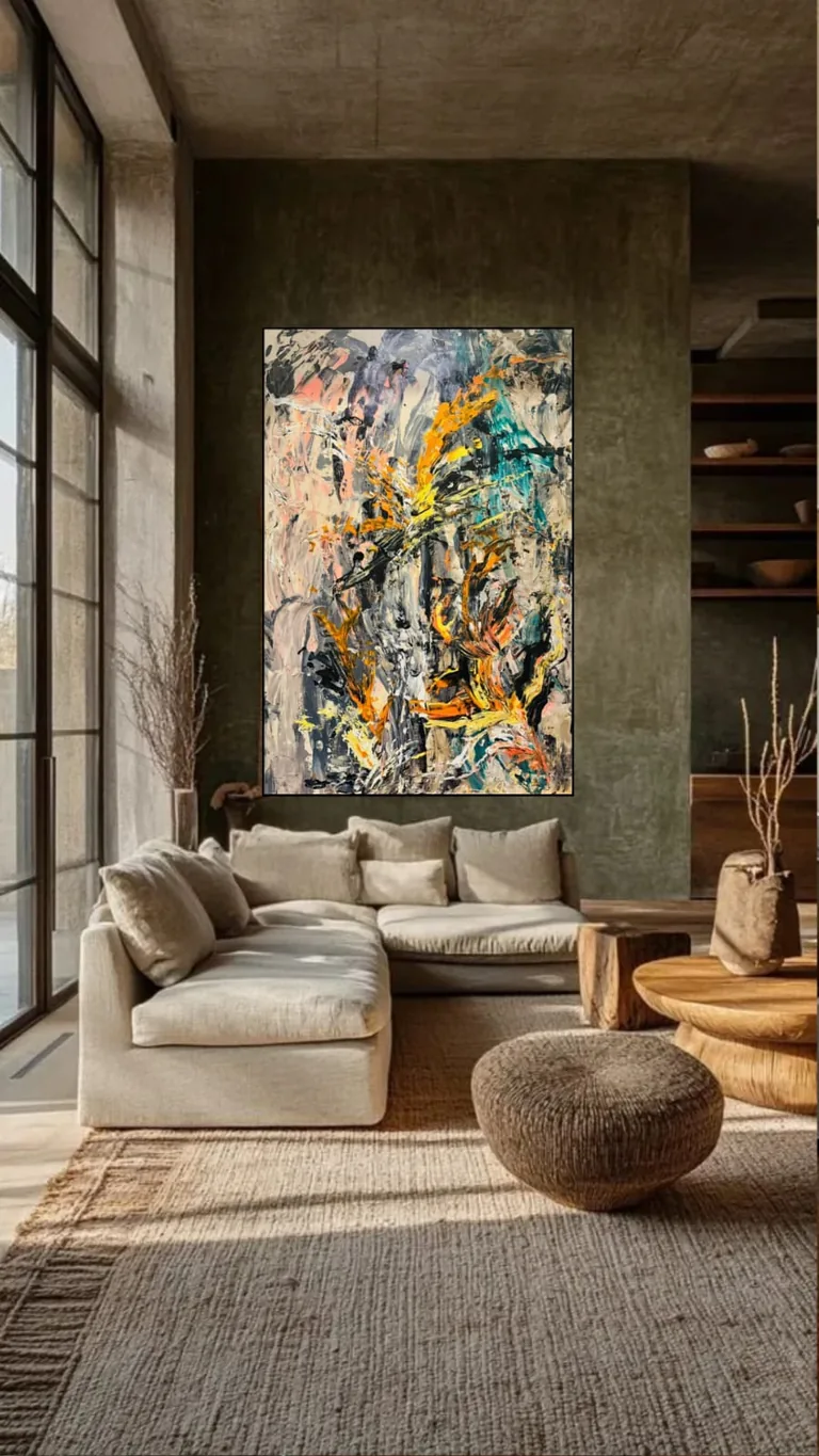 Os Dragões, obra abstrata contemporânea em ambiente com tons de fogo e energia.