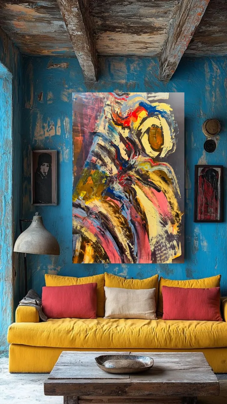O Pequeno Príncipe, pintura abstrata contemporânea aplicada em ambiente com sofá colorido.