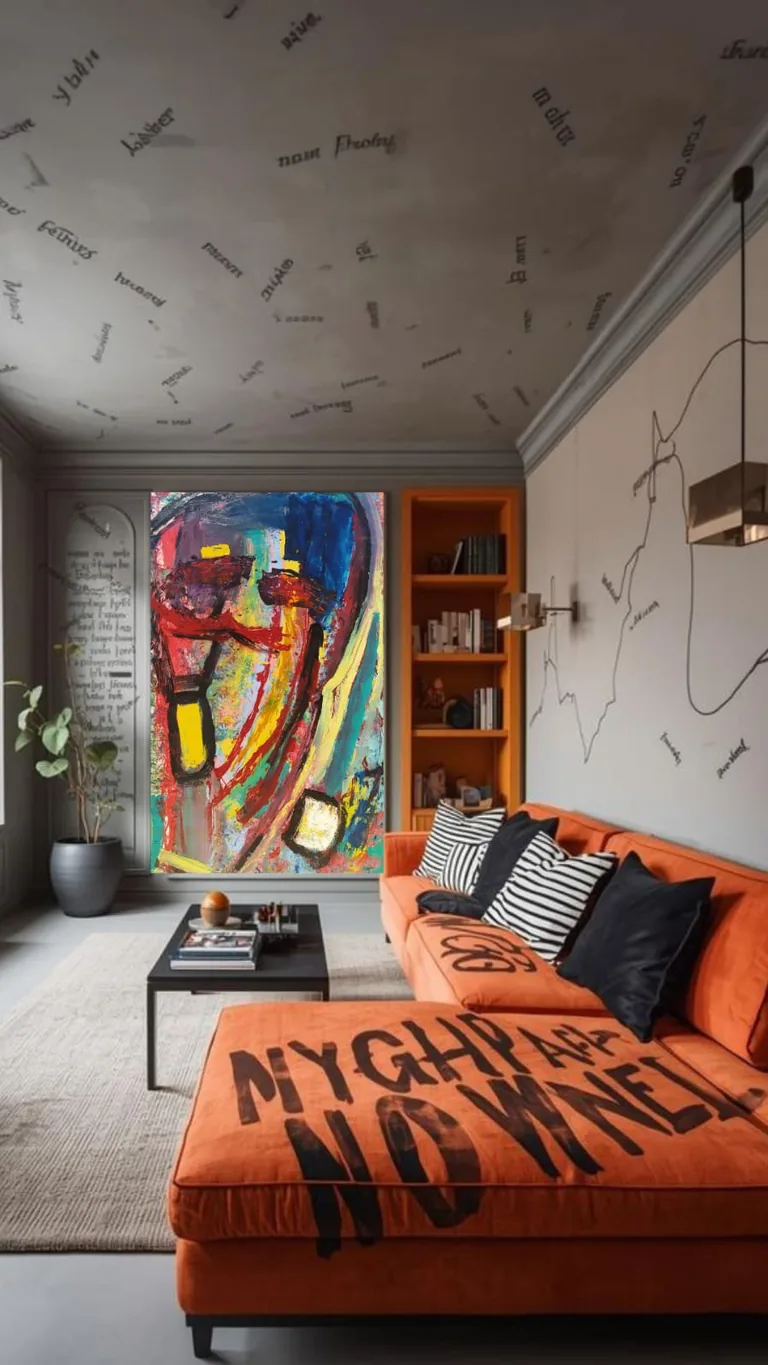 Wanderlust King, obra abstrata em ambiente urbano com cores vibrantes.